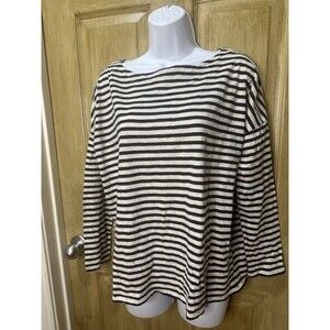 J. Jill 100% Cotton Striped Boatneck Long Sleeve Tee Shirt Black  Medium Petite